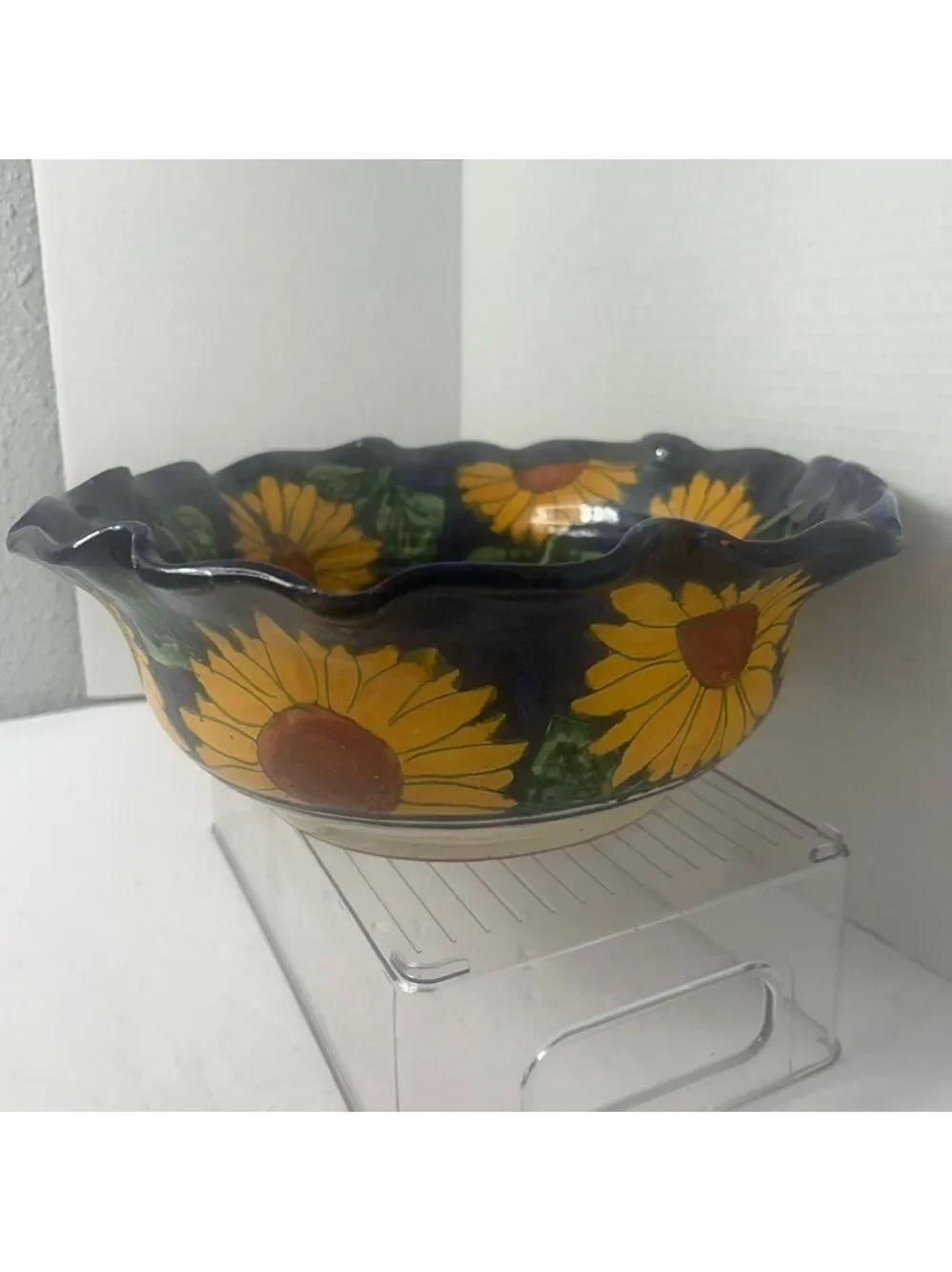 Vibrant Yellow and Green Sunflower Ceramic Art Bowl